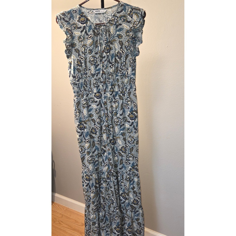 Sonoma Goods For Life Blue Floral Maxi Dress Smocked Waist Ruffle Sleeve Small